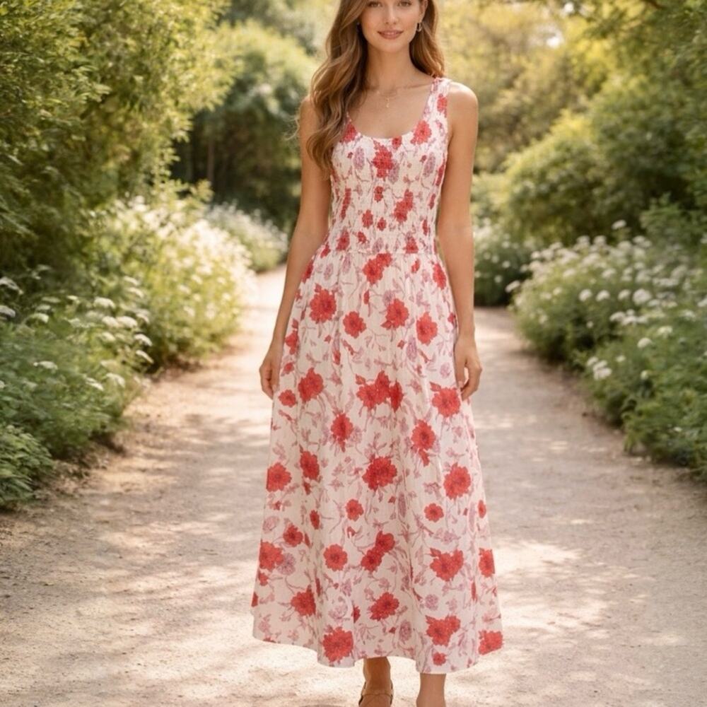 Sincerely Jules Floral Print Sleeveless Long Dress White Coral Red Womens XL